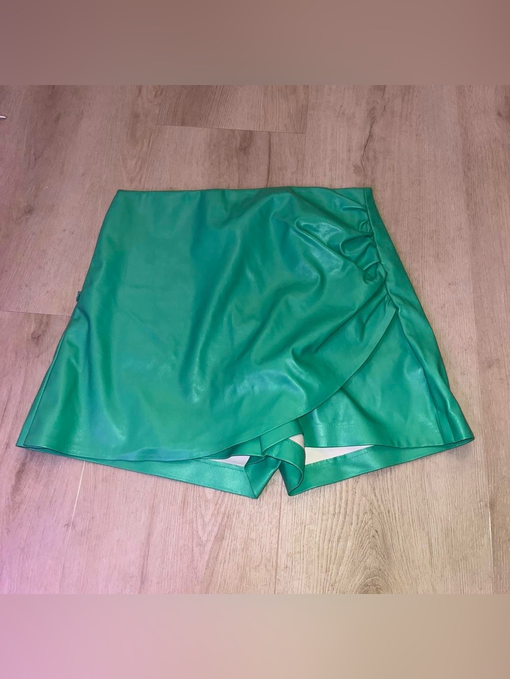 Green Faux-Leather Skort with Overlay Detail